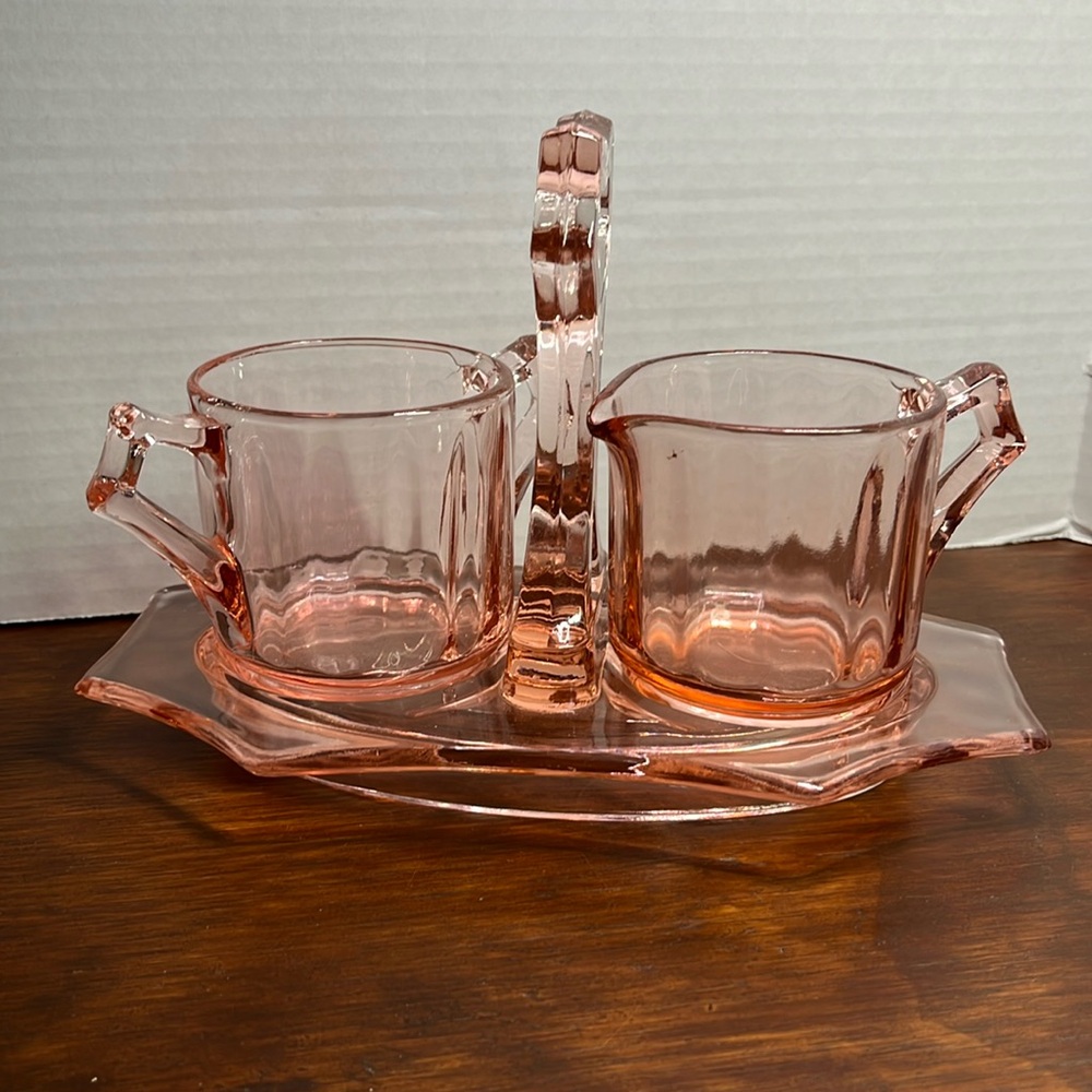 Cambridge #622 Decagon Pink Depression Glass Sugar Creamer Handled Tray 1930s